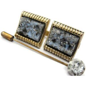 Vintage Blue Marble Gold Tone Vintage Cufflink Set with Stick Pin